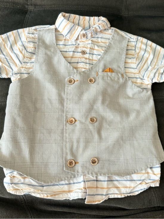 Little Lad Other - Boys Light Blue Vest & Striped Button-Down Shirt Set